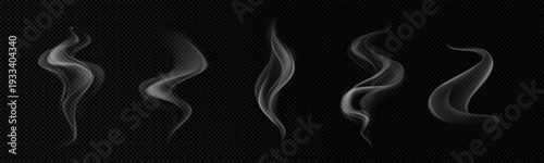 Set of vector realistic smoke, steam, aroma effects on a dark transparent background.
