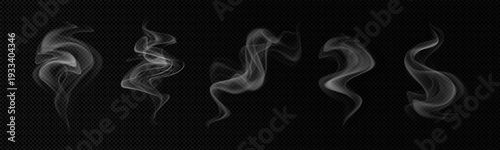 Set of vector realistic smoke, steam, aroma effects on a dark transparent background.