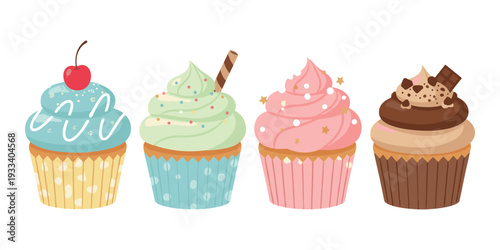 Cupcakes and muffins set featuring different colors of frosting, sweet toppings, and decorations for celebrations