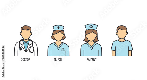 Medical professionals and patient standing together in a clinical environment from a straightforward viewpoint