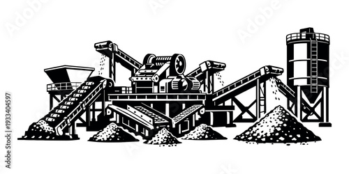 Quarry plant crushing and sorting minerals. Industrial production line with rock crushers, conveyers, and silo storing aggregate materials