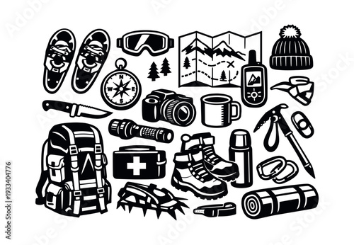 Cold weather essentials set featuring snowshoes, a backpack, navigational tools, ice axe, sturdy boots, and survival gear