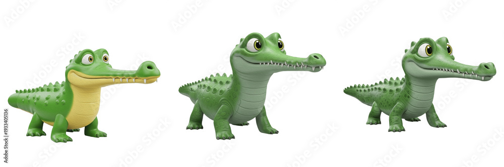 Fototapeta premium Alligator Alligator mississippiensis isolated on white background 3D cartoon character set cute baby alligator mascot reptile predator collection childhood toy game clipart