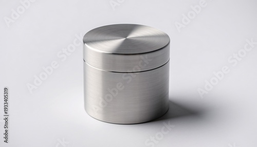 A sleek, cylindrical brushed metal container with a lid, presented on a clean white background with subtle shadow.