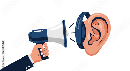 A hand holding a megaphone speaking to an ear.