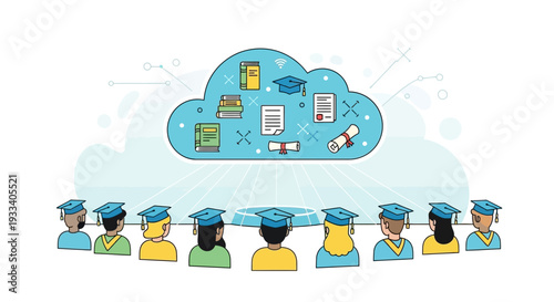 Diverse graduates accessing online educational resources from the cloud.