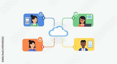 Diverse team collaborating remotely through a central cloud network illustration.