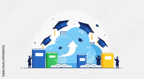 Educational Concept with Books Graduation Hats and Students.