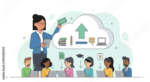 Female teacher explaining cloud technology for modern online education to diverse students.