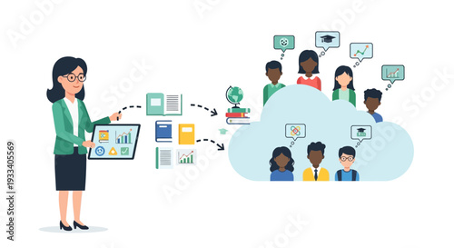 Female teacher using cloud technology for online education and remote learning.