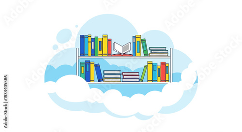 Illustrated bookshelf with colorful books floating among the clouds.