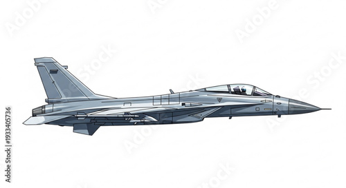 Grey Fighter Jet Side View Illustration Isolated on White Background