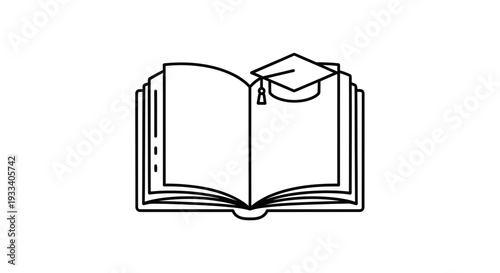 Simple line art icon of an open book with a graduation cap.