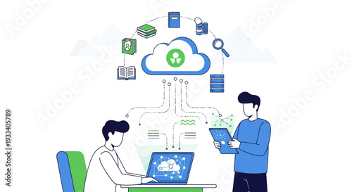 Two men collaborating and sharing files using cloud computing technology.