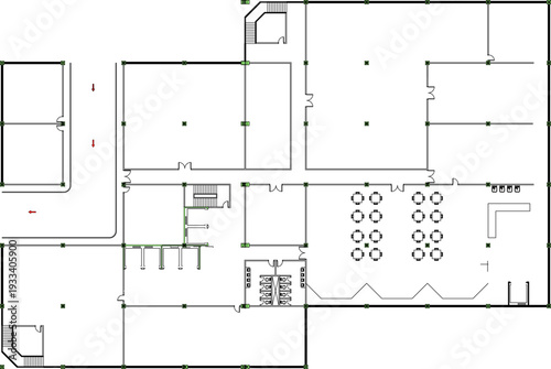 Technical architectural floor plan showing commercial space layout with dining areas featuring circular table arrangements, kitchen facilities, structural columns and circulation spaces.
