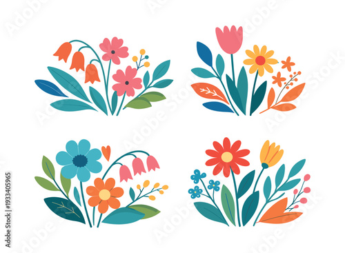 Four distinct vibrant floral arrangements with different flowers and leaves, creating a cheerful, decorative, and natural design