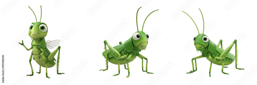 Fototapeta premium cartoon grasshopper, cute green insect mascot, 3d render garden bug, isolated on white background, jumping cricket, forest animal clipart, nature character, png