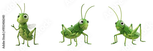 Canvastavla cartoon grasshopper, cute green insect mascot, 3d render garden bug, isolated on