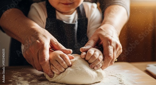 Older woman and child hands kneading dough together on a wooden table, concept of family baking and learning for Easter bread