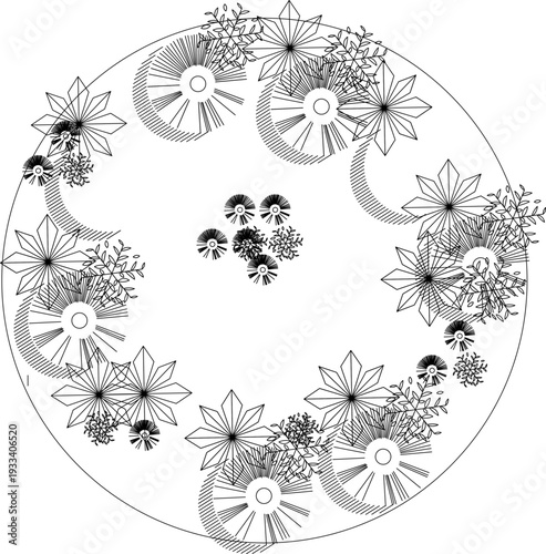 Technical landscape architecture planting plan showing circular garden layout with various plant symbols including palms, fan-shaped trees and shrubs arranged decoratively.