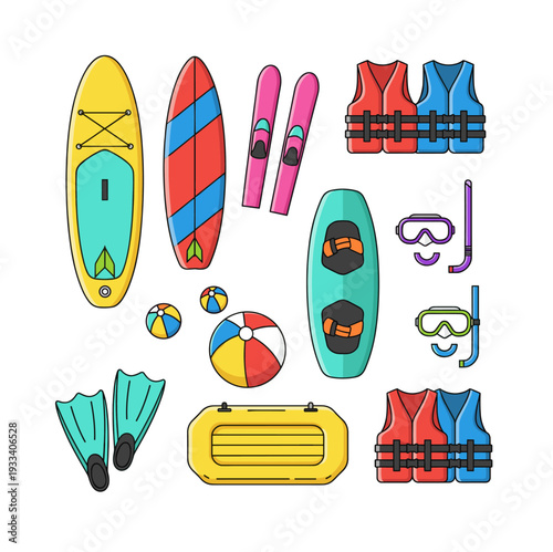Collection of water sports gear, including surfboards, wakeboard, water skis, life vests, flippers, masks, snorkel, and inflatable raft
