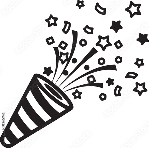 Black and white illustration of a party popper with confetti and stars