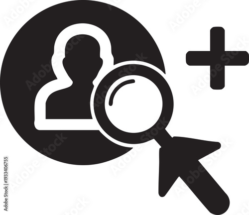 Black and white icon of a magnifying glass searching for a persons profile