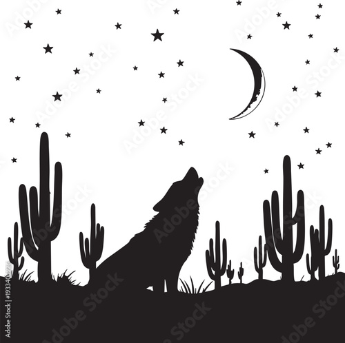 A black silhouette of a wolf howling at the crescent moon in a desert landscape with cacti