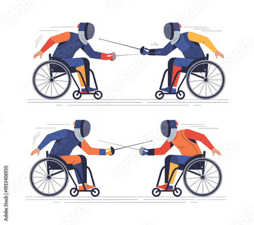 Athletes in wheelchairs fencing during a competitive match, engaging in Paralympic sport, demonstrating skill and determination