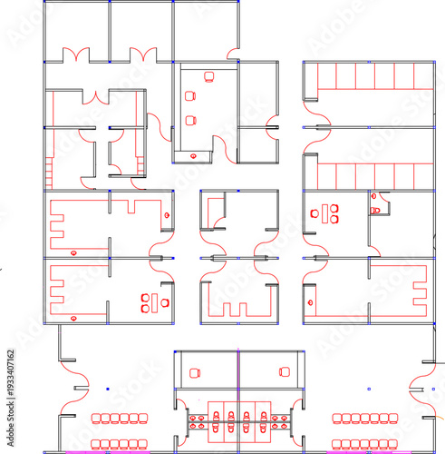 Technical architectural floor plan showing multi-unit residential building with individual apartment layouts, furniture arrangements and communal dining area highlighted in red and blue.