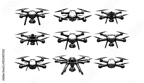 Drones with cameras on a white background. Set of various unmanned aerial vehicles for surveying, broadcasting, and delivery