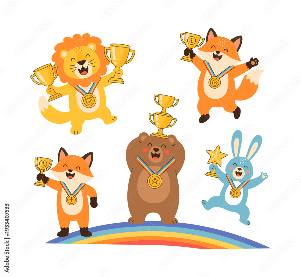 Obraz premium Cute lion, fox, bear, and bunny characters showing achievement and triumph, standing on a colorful arc