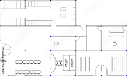 Technical architectural floor plan showing commercial space layout with dining areas, kitchen, restrooms, staircases and structural points marked in blue.