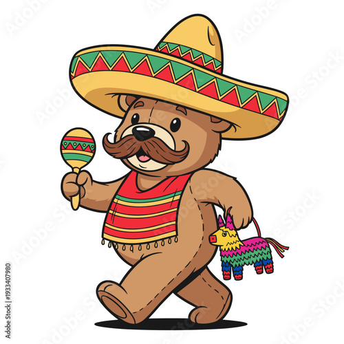 cute cartoon teddy bear in mexican sombrero and poncho with maraca and little pinata, Cinco De Mayo character design, May 5 illustration