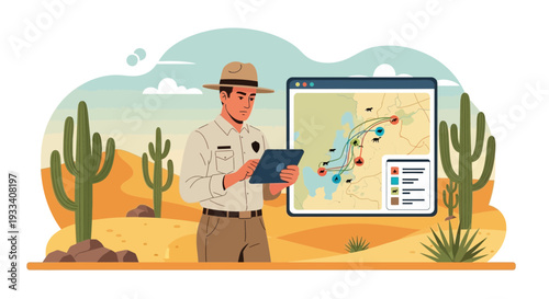 Cartographer Examining Map on Digital Tablet.