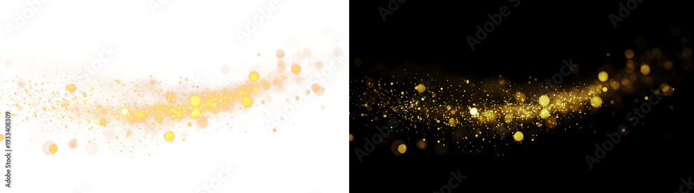 Obraz premium Golden bokeh wave abstract background, sparkling magic dust trail, festive glowing lights and shiny particles on black