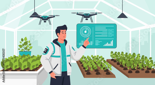Farmer Inspecting Plants in Greenhouse with Drone.