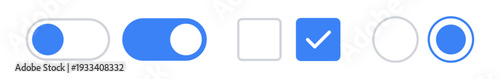 Toggle switch, checkbox and radio button UI control icon set with on and off states. Enable disable, mark unmark interface elements for dashboard forms and web app settings.