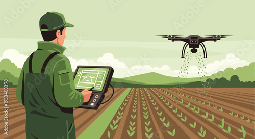 Farmer Operating Drone Over Crops Field.
