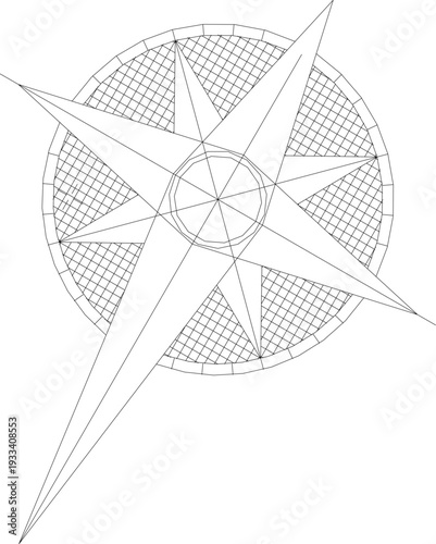 Technical line drawing of an eight-pointed compass rose with elongated cardinal directions, circular grid background and geometric star pattern in black and white.