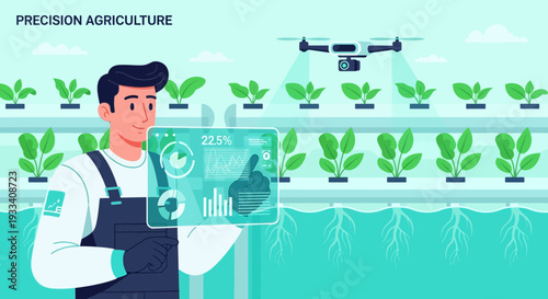 Farmer Using Tablet in Hydroponic Farm.