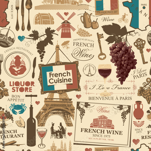 Hand drawn seamless pattern on the theme of French cuisine and Paris with food, wine, architectural landmarks, map and flag. Postcard. Wallpaper, wrapping paper. 