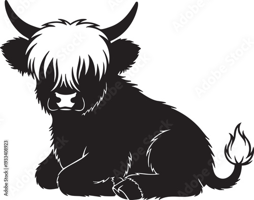 A black and white illustration of a highland cow calf with shaggy fur and curved horns