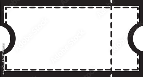A black and white illustration of a ticket template with dashed lines and circles