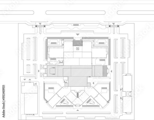 Technical architectural site plan showing building floor plan with surrounding parking lots, access points, directional arrows and comprehensive layout in CAD style.
