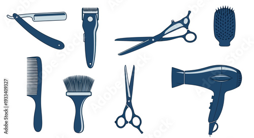 Hairdressing Tools Collection: Barber Scissors, Comb, Clippers, Dryer, Razor