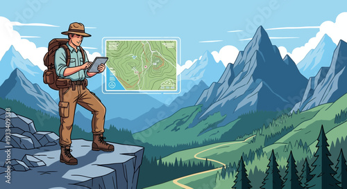 Man Hiker Standing on Cliff Edge.