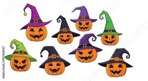 Halloween Pumpkins with Witch Hats, Spooky Faces, Festive Autumn Decoration