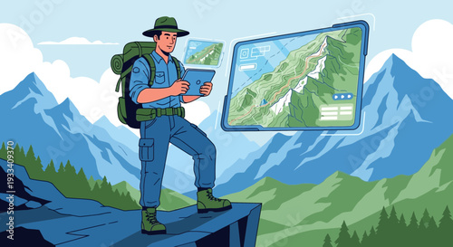Man Hiker with Backpack and Map.