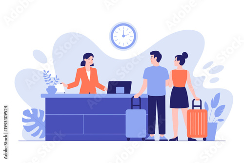 A vector graphic illustration of a hotel reception desk with a smiling receptionist and a couple checking in with luggage